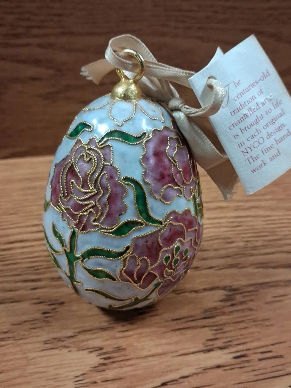 Enamel NYCO Cloisonné Egg Shaped Ornament White Pink Roses w/ Tag Floral Flower